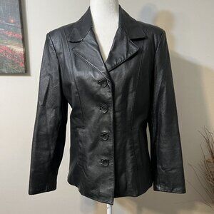 Vintage Leather Women Leather Black Blazer Jacket Long Sleeve Lined Buttons Sz M